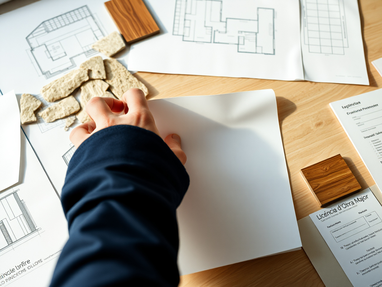 Villa construction samples — architect project, structural calc, limestone, walnut cladding, photovoltaic module, llicència obra major