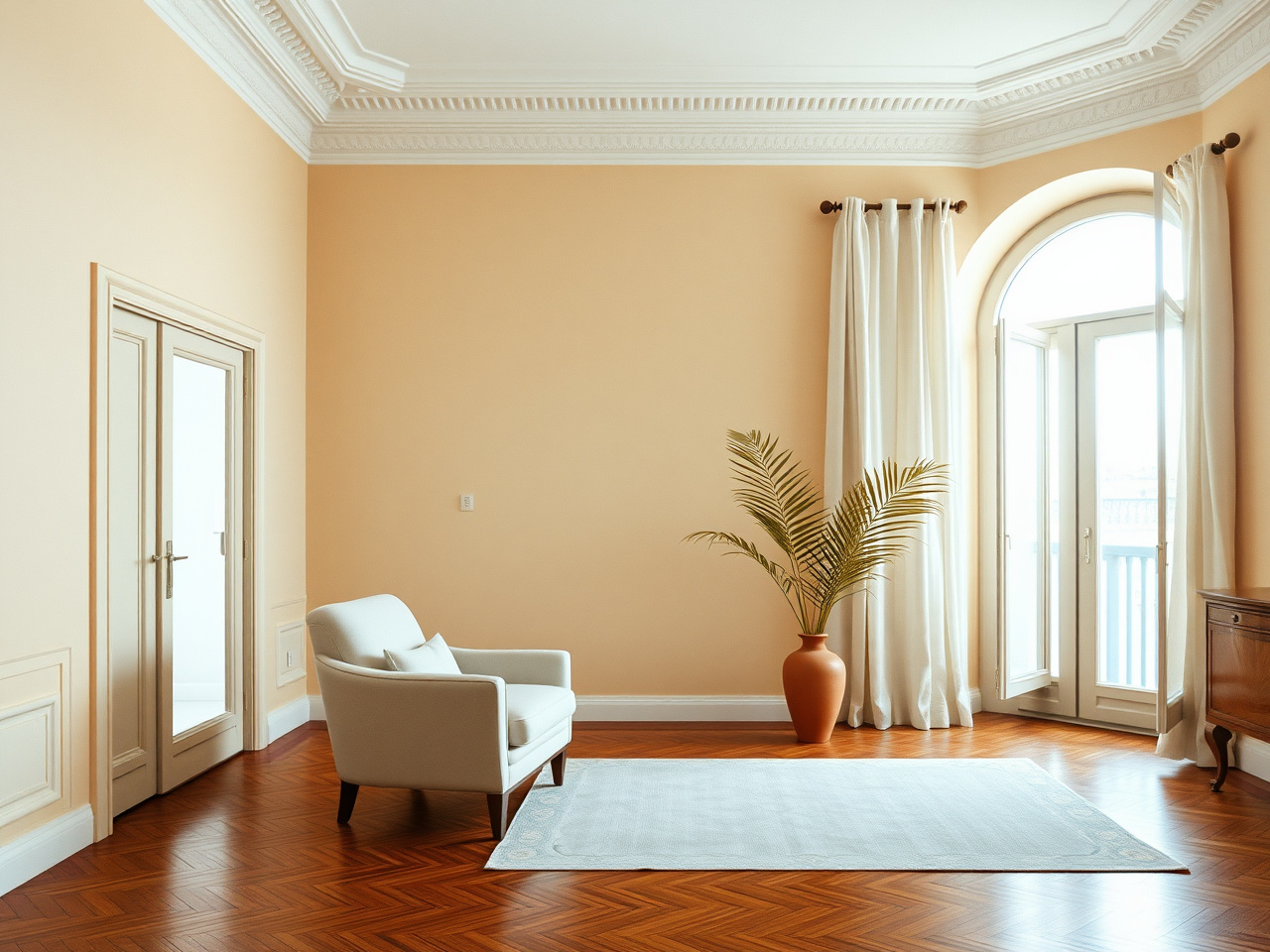 Cosmetic refresh in Eixample apartment — lime-washed walls, walnut parquet, morning light