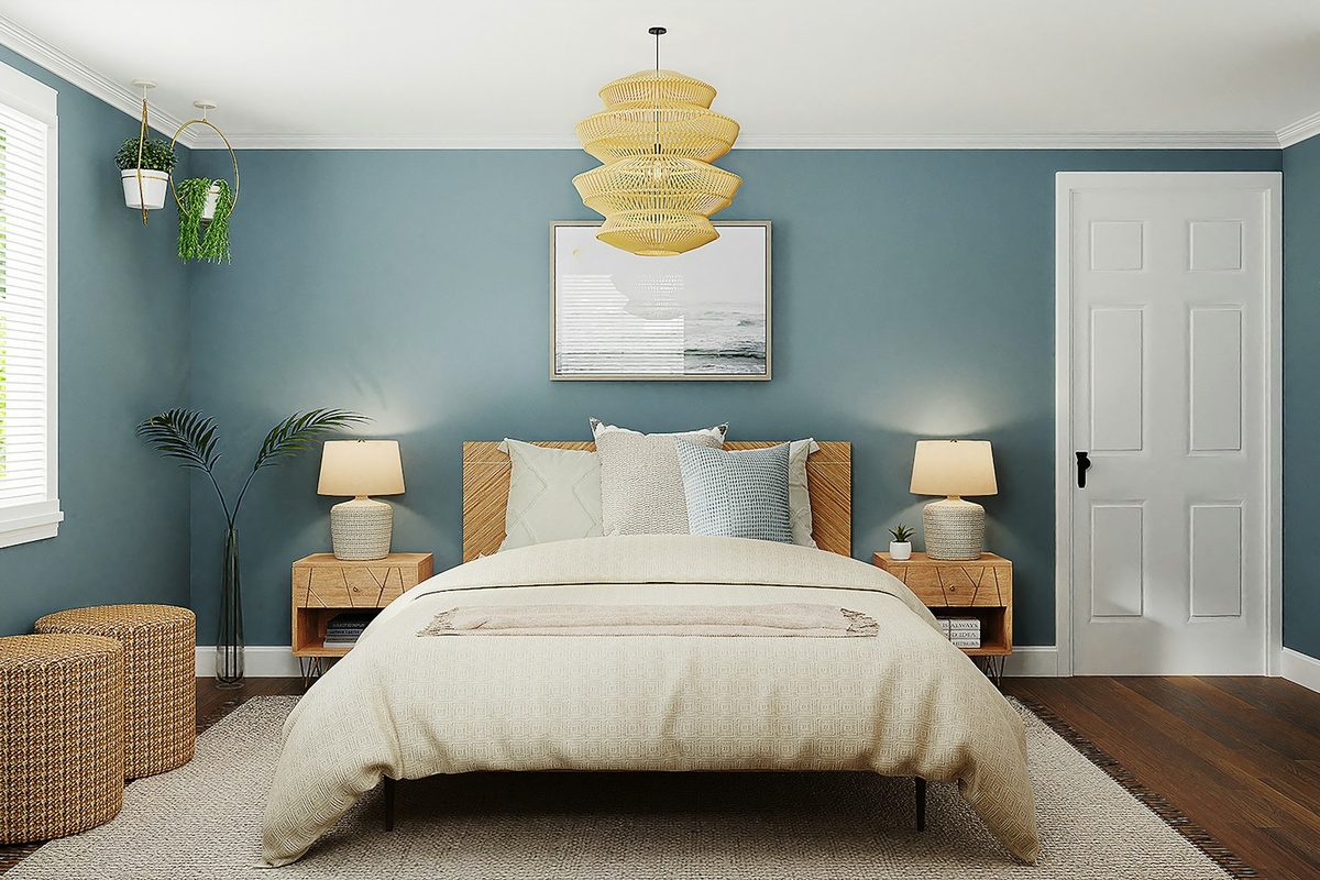 Dormitorio nórdico con cabezal de roble y luz natural