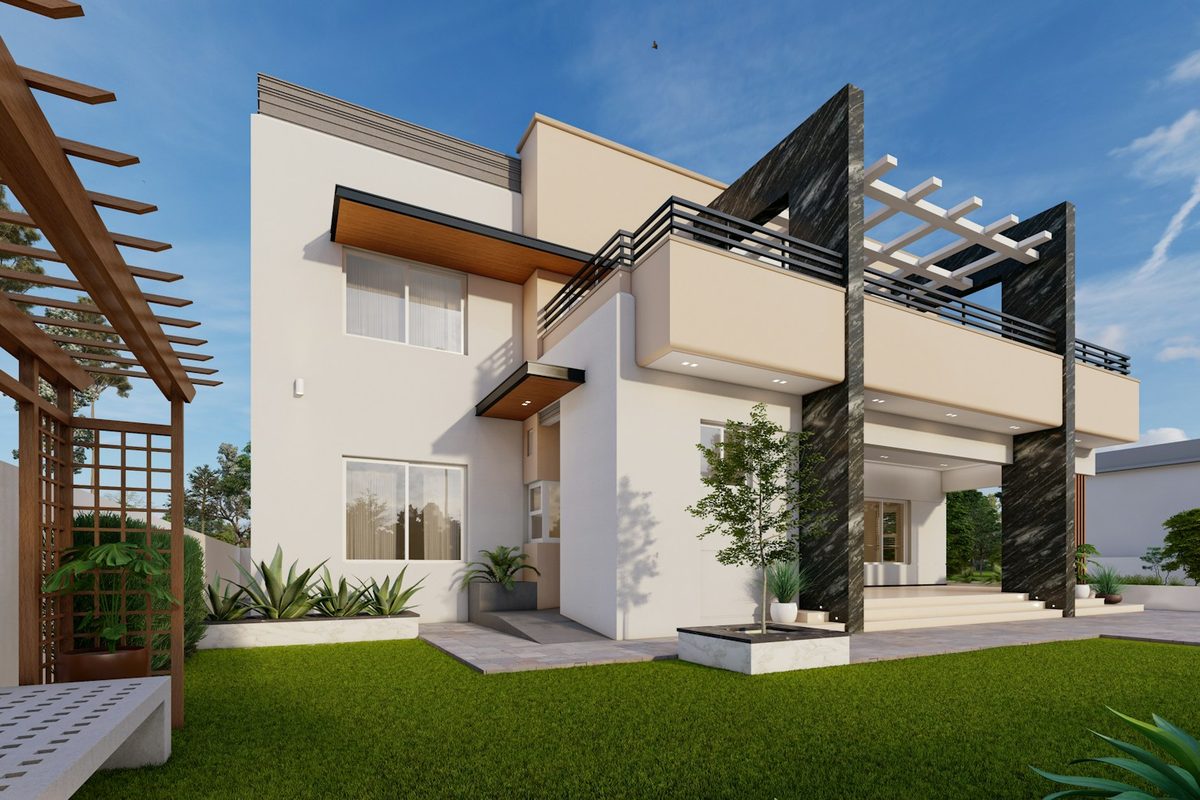 Casa moderna con jardín y zona porche